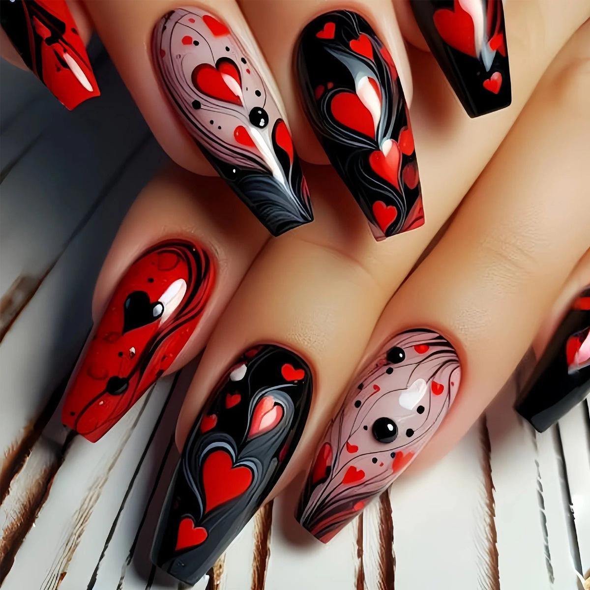 

Medium Ballet Nails: Red Heart Valentine s Day Nail Art for Spring/Summer