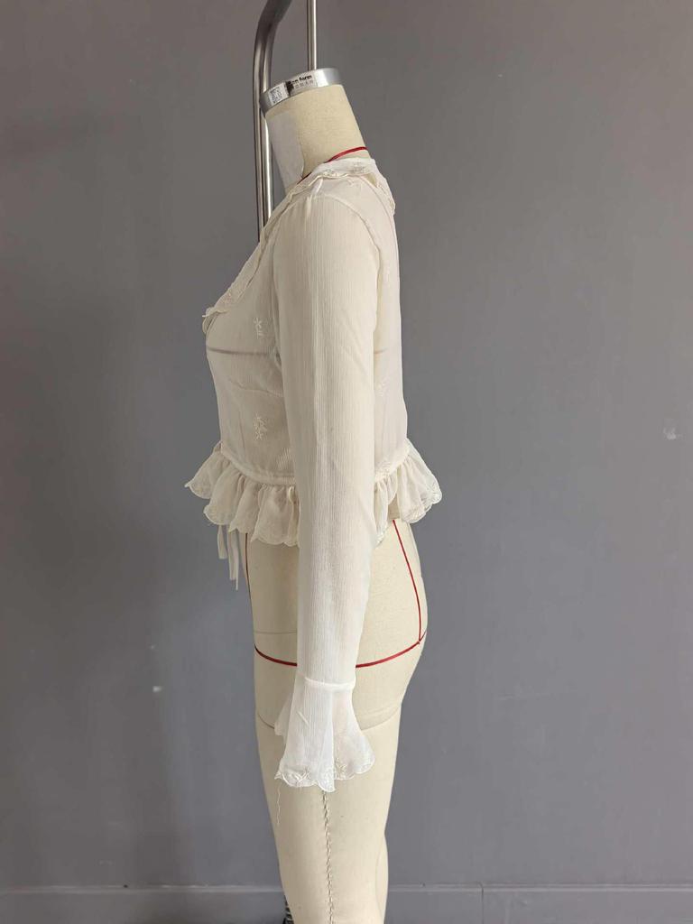 European & American Style Women's Chiffon Shirt with French Lace-up Waist, Embroidered Ruffles, and Long Sleeves