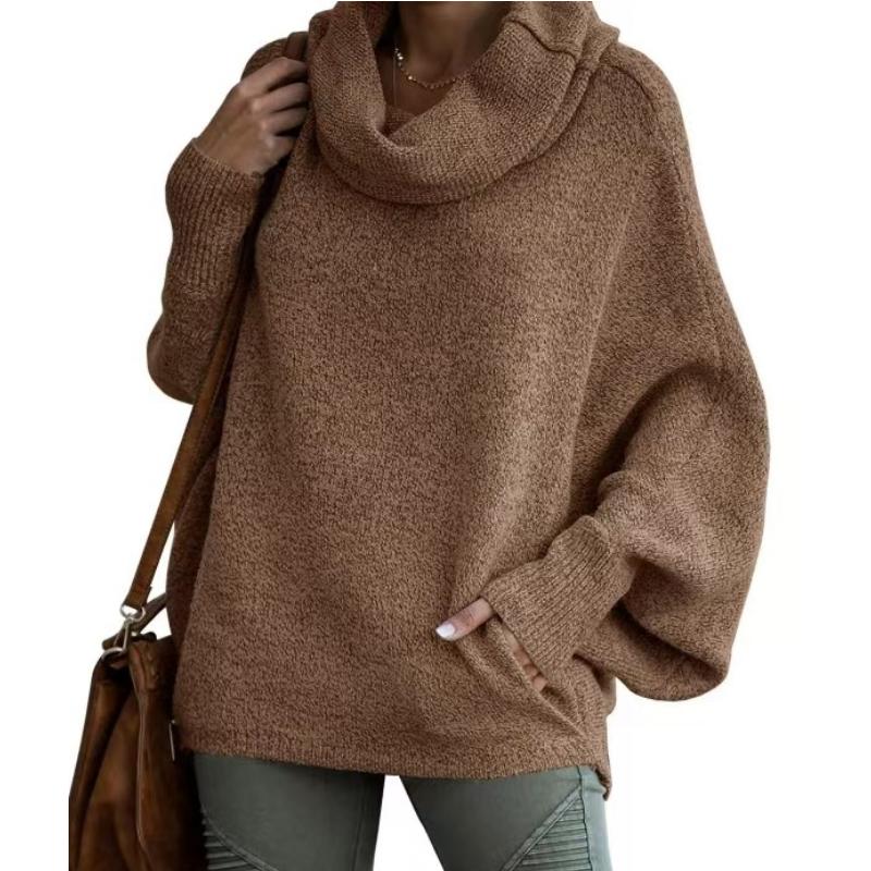 Mode Hög Krage Dam Enfärgad Tröja Mode Pullover Lykta Lös Långärmad Casual Tröja