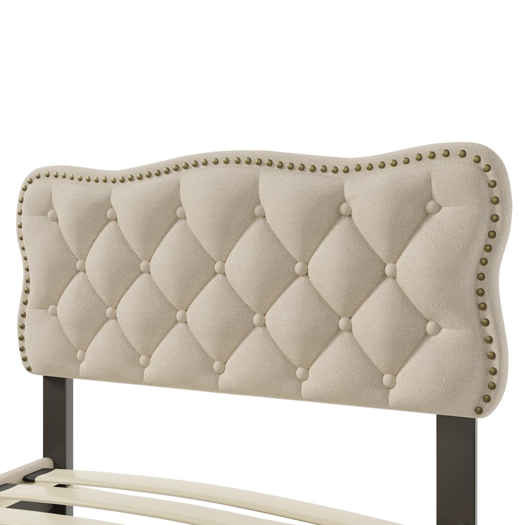 90*200 cm Flat Bed, Upholstered Bed, Nightstand Upholstery with Decorative Studs, Double Drawers, Dark Beige