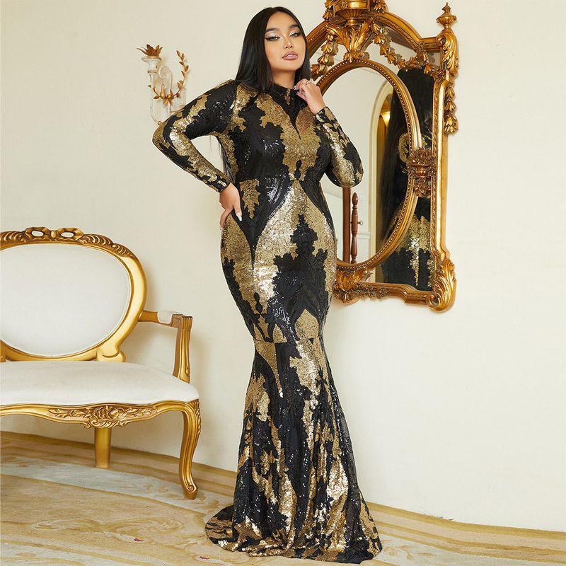 Cross-Border European and American High-End Long-Sleeved Elegant Dress, Long Sequined Birthday Party Evening Dress, Bridesmaid Dress, Dress