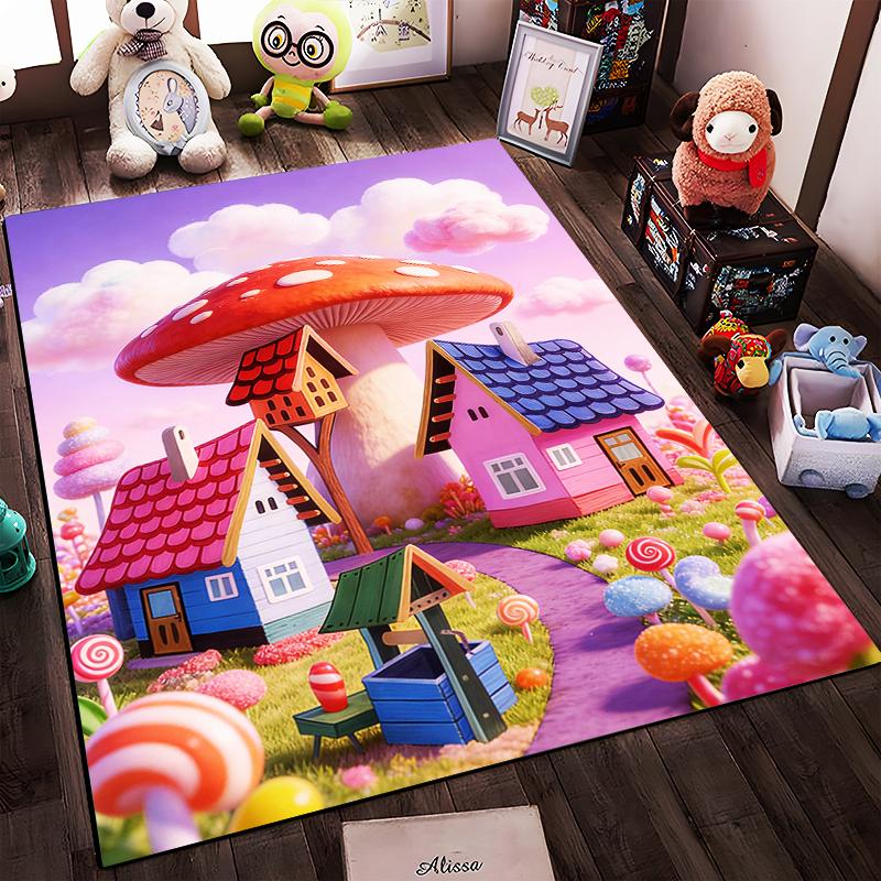 Fantasy Mushroom Village Carpet with Colorful Candy Land Theme Design Suitable for use as an anti-slip for living room bedroom sofas