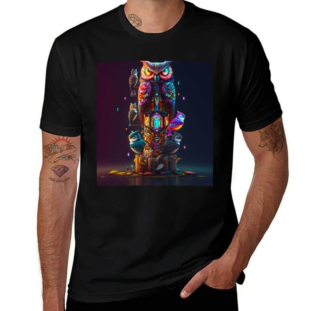 Psychedelic Owl Guardian Tshirt All Match Basic Short Sleeve Top Tshirt