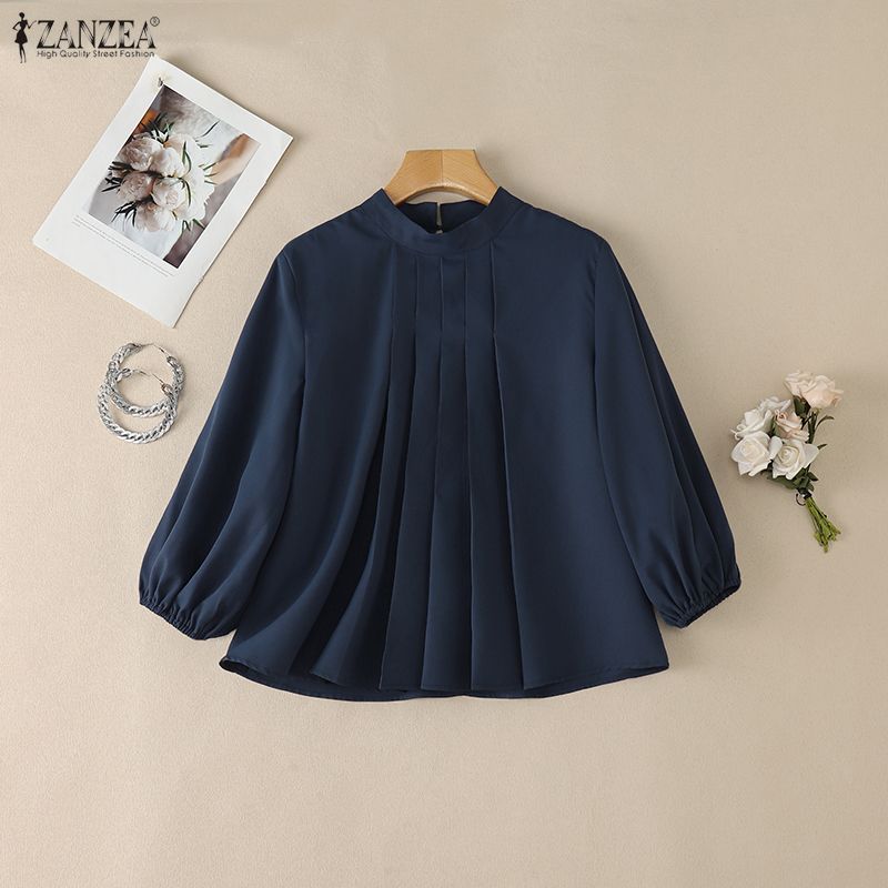 ZANZEA Elegant Womens Stand Collar Casual Puff 3/4 Sleeve Loose Blouse