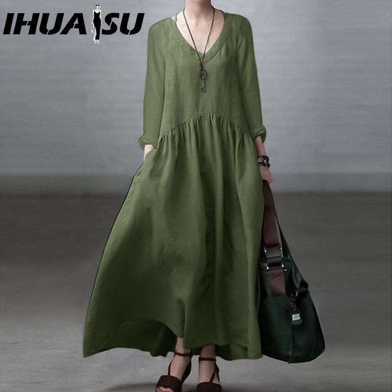 

IHUASU Хлопковое Повседневное Женское Платье V-образный вырез Длинный рукав Повседневные платья XXL зелёный