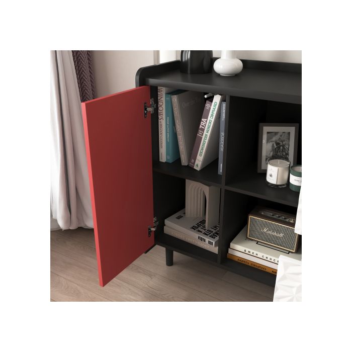 Armoire de rangement noire avec portes rouges, comprenant deux tiroirs au design unique et deux compartiments ouverts.
