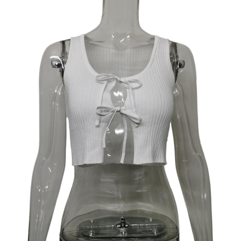 2026 Spring/Summer Women's Lace-up Ribbed Knit Crop Top - Solid Color, Sexy Style