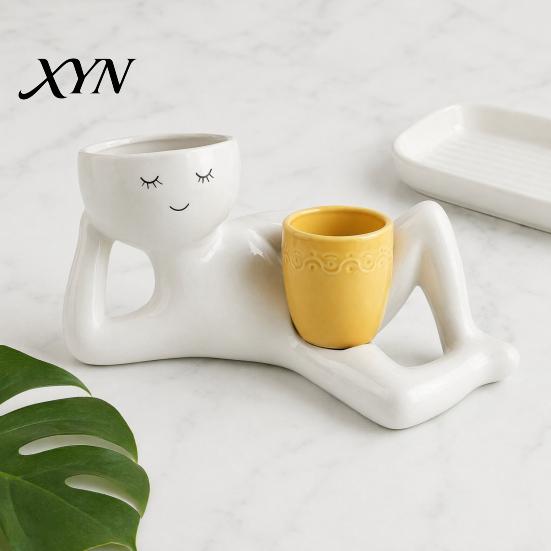 Waterproof Plant Pot Lazy Guy Planter, Little Character Flowerpot Ornament, Creative Lying Holder Humanoid Double Planter for Succulents Home