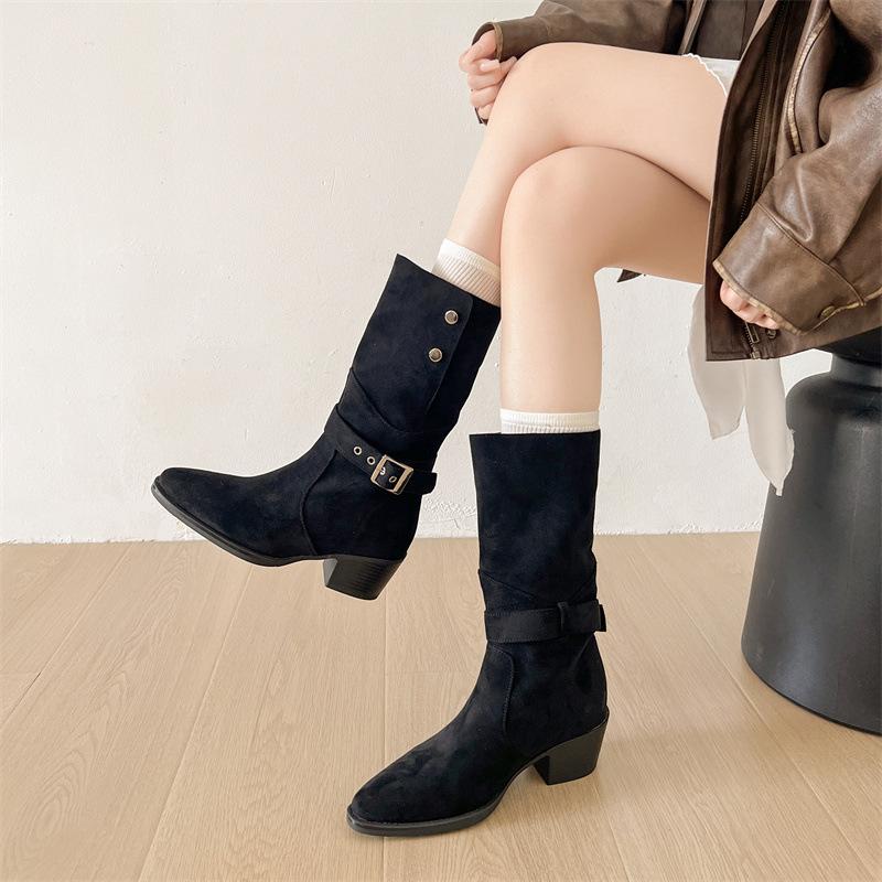 Khaki retro pointed thick heel boots women's 2025 new autumn versatile small man height and thinness knight boots