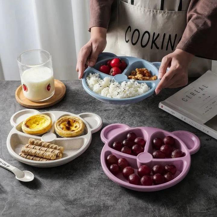 Wheat Bear Kids Dinner Set: Creative Compartment Plate, Breakfast Plate, Fork & Spoon for Babies