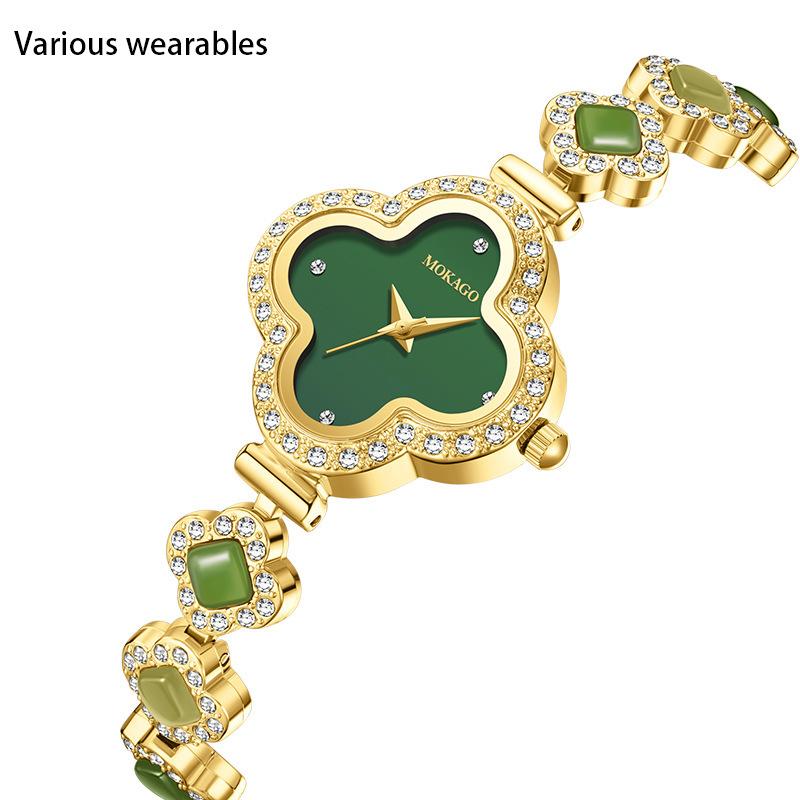 Modă Lux Ușor Retro Trifoi cu Patru Foi Brățară Bijuterii High-end cu Diamante pentru Femei Ceas Rezistent la Apă Jad Hetian