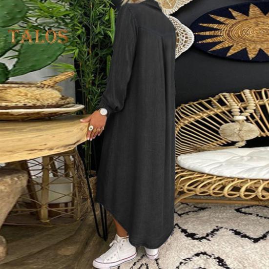 Toamnă, primăvară, rochie de damă, cu un singur rever, mâneci lungi, buzunar pe piept, tiv despicat, rochie de dimensiuni mari, culoare uni, nasturi, linie a, ținută zilnică maxi