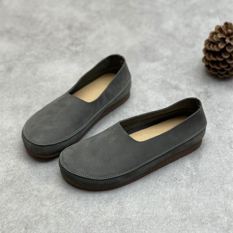 Spring Vintage Cowhide Women's Shoes Flat Round Head Soft Leather Soft Sole Casual Grandma Shoes