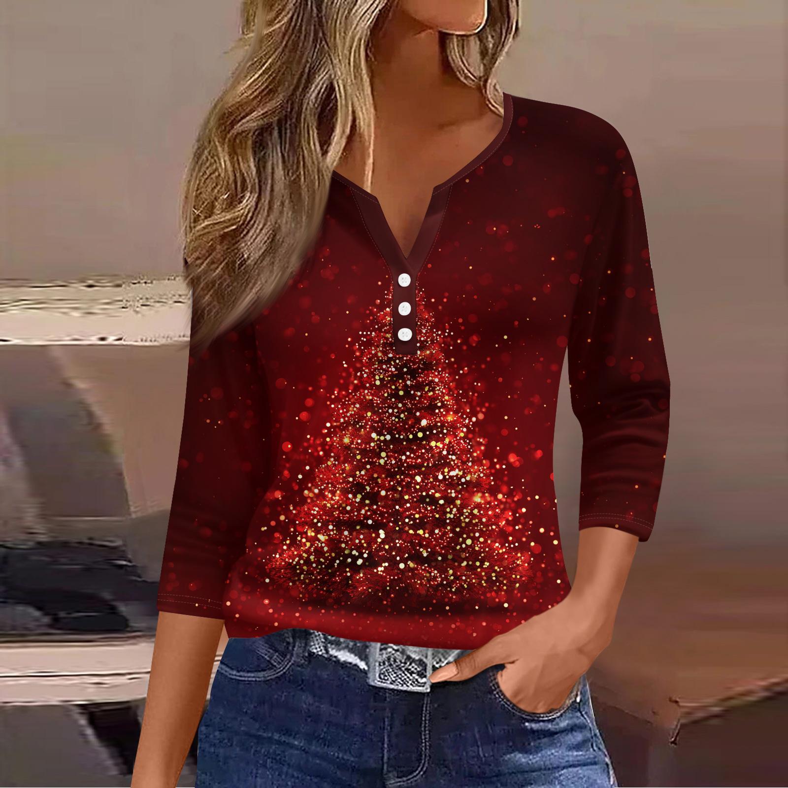 

Женская модная повседневная футболка с принтом рождественской елки, V-образным вырезом, декоративными пуговицами и рукавом три четверти L
