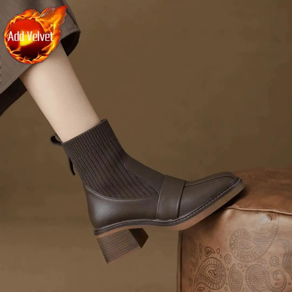 Fashion Lightweight Women's Ankle Boots Retro Style Leather Splicing Knit Female Short Shoes Chic and Elegant Footwear Autumn Pu Booties