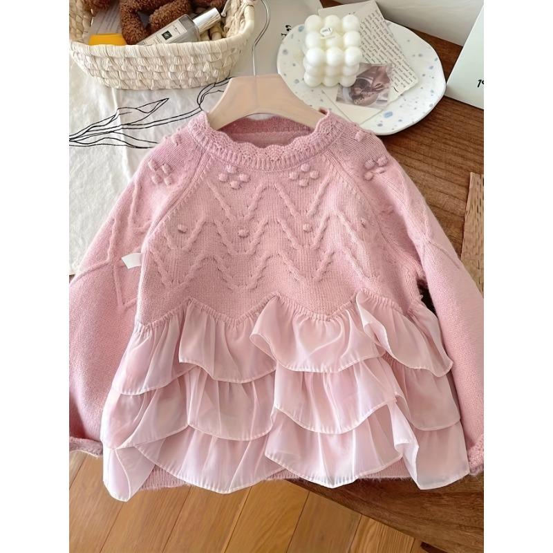 

Вязаное платье-свитер для девочки: Нежно-розовый с оборкой по низу, идеально подходит для осени/зимы 100 розовый