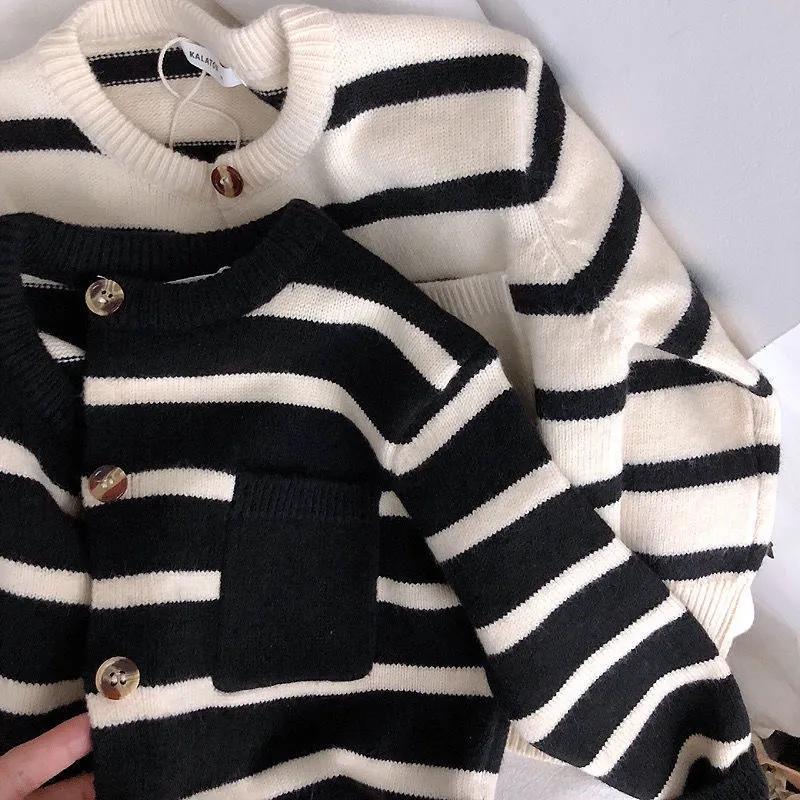 Boys Fall Single-breasted Knit Jacket Round Neck with Cotton Striped Tops