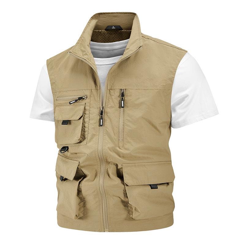 Men's Waterproof Quick-Dry Multi-Pocket Outdoor Photography Vest with Breathable Stand-Up Collar