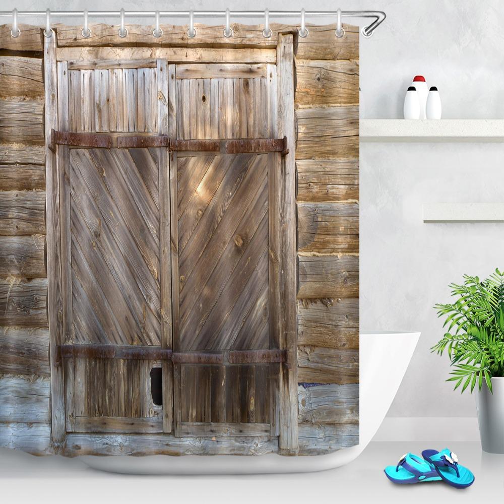 Bauernhaus Dekorativer Duschvorhang aus Holztür Retro Rustikale Scheunenholztür Europa Western Country Home Decor Badvorhanghaken