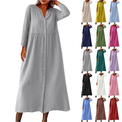 Women's Fashionable Solid Color Round Neck Seven Quarter Sleeve Button Loose Shirt Dress