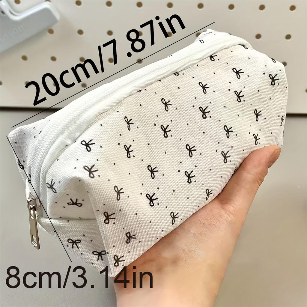 Large Capacity Cute Pencil Case with Black Bow Design - Stylish White Stationery Organizer, Durable Fabric, Perfect for School Supplies