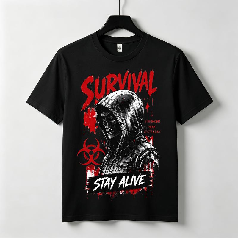 Survival Stay Alive Graphic Tshirt Skull Hood Biohazard Symbol Print Dark Grunge Gothic Streetwear Edgy Casual Urban Top