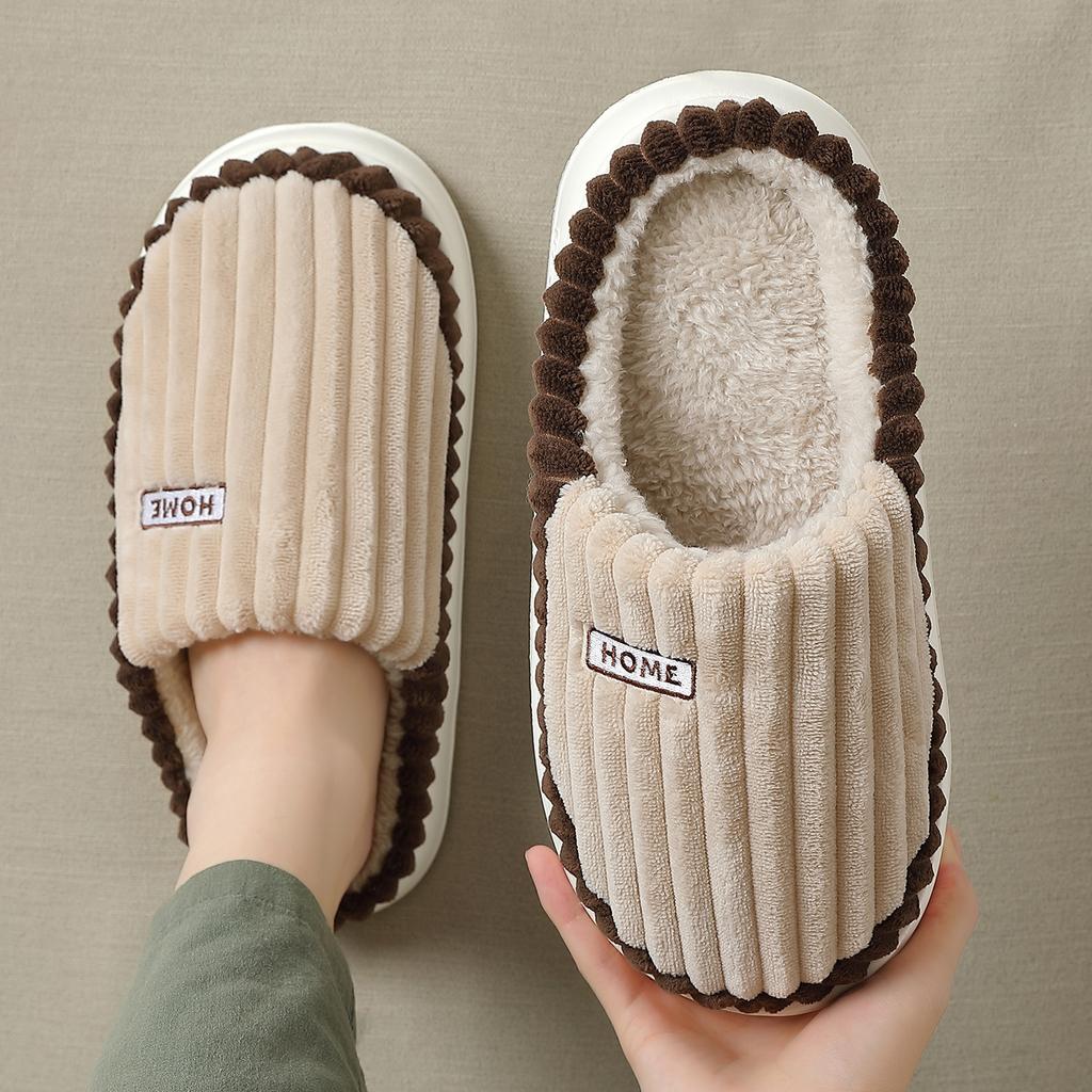 Cotton slippers autumn and winter indoor home non-slip cotton mop warm and piled couple thick striped fluffy slippers