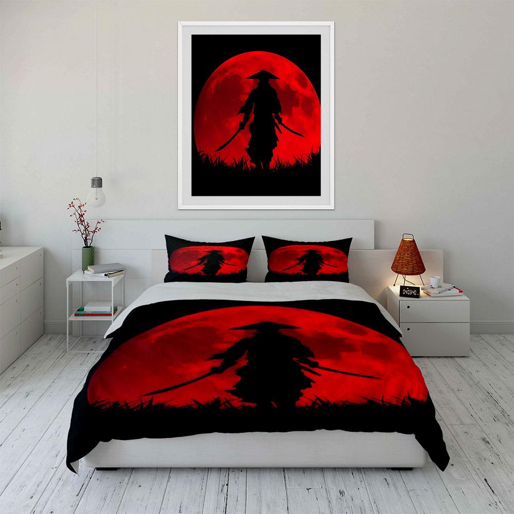 Samurai Guerriero Luna Rossa Set Copripiumino (1*Copripiumino 2*Federe, senza piumino)