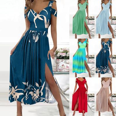 Women's Printing V-neck Sleeveless Sexy Split Dress Tie-Dye Gradient Solid Color Dress