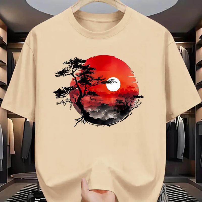 Men's Summer Pure Cotton Fashionable Casual Loose Fit Printed Round Neck Short Sleeved T-shirt Top