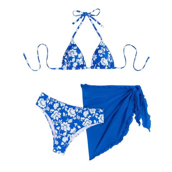 3Pcs/Set Swimsuit Set Halter Chest Pads No Underwire Bra Swimming Briefs Sheer Trim Cover Up Skirt Set Floral Print Split Swimsuit