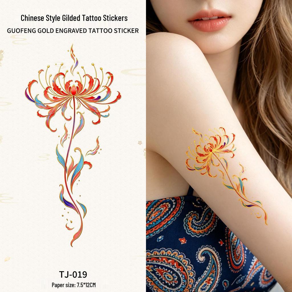 Chinese Style Waterproof Phoenix & Koi Tattoo Sticker - Long-lasting, Aesthetic Dunhuang Design for Arm & Collarbone