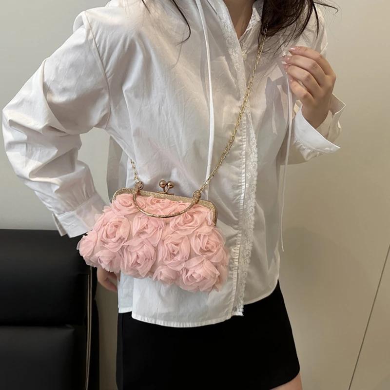 Elegant Women 3D Floral Chiffon Evening Bag Handcrafted Chain Strap Clutch Purse for Wedding Party Shoulder Crossbody