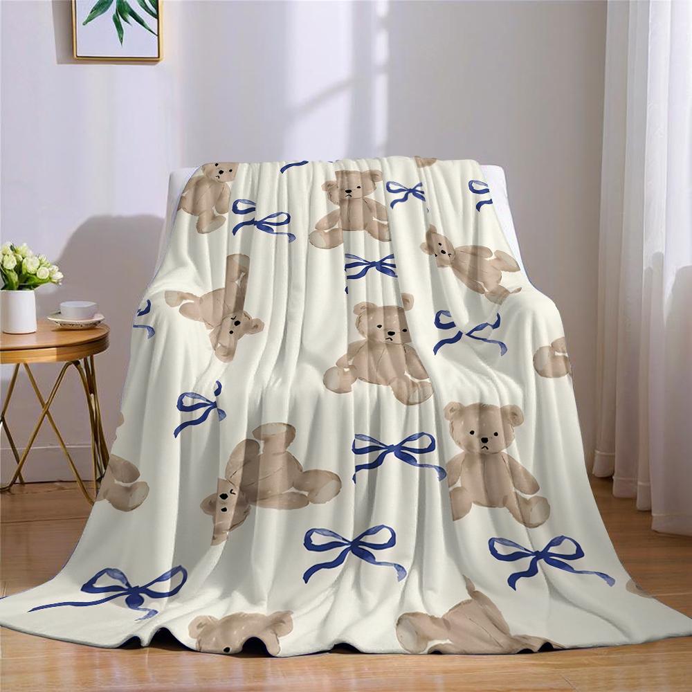 Beiger Bär & Blaue Schleifen Flanelldecke Warm Weich Halloween Weihnachten Sofa Warm Gemütlich Dekorative Deko Geschenk für Jede Jahreszeit