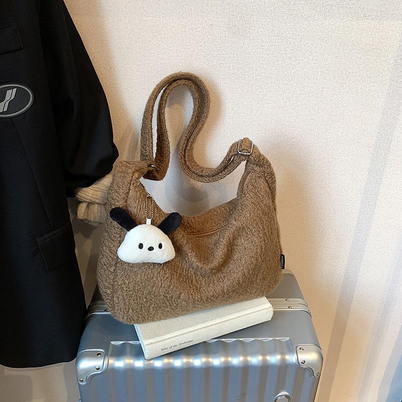 Korean version ins Lazy Wind Tote Bag Women's 2025 New Fashion Woolen Large Capacity Commuter Shoulder Bag Shopping Bag