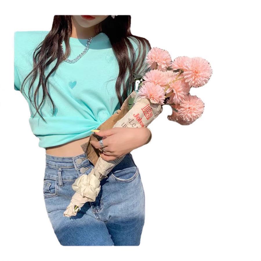 Women's Heart Embroidery Loose Short-Sleeve Round Neck T-Shirt 2023 - Trendy Korean Summer Fashion