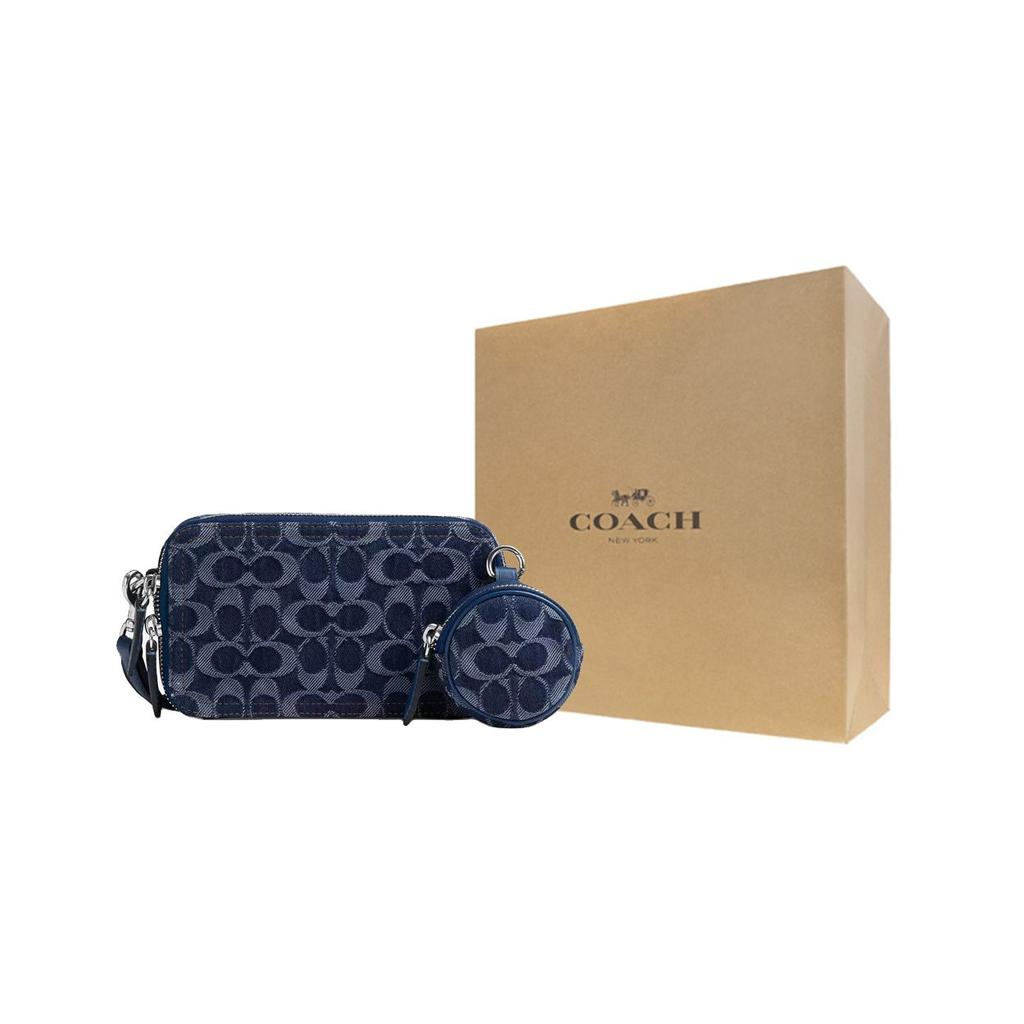 Coach Charter 19 Klasik Logo Gümüş Donanım Denim Ve İnce Dana Derisi Omuz Çantası Küçük Erkek omuz çantası Koyu Mavi CAS41-DEB