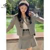 Autumn Winter High-end Casual Grey Dress Two-piece Suit Horn Button Chic Fashion Woolen Cloth Top Skirt Suit