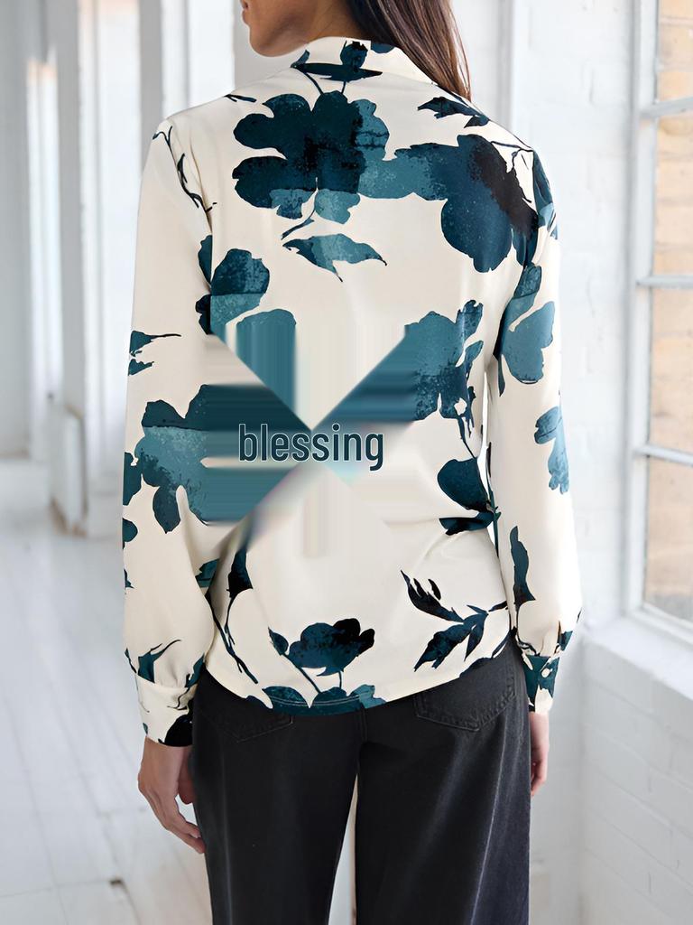 Elegant V-Neck Long-Sleeve Women's Shirt with Floral Print
