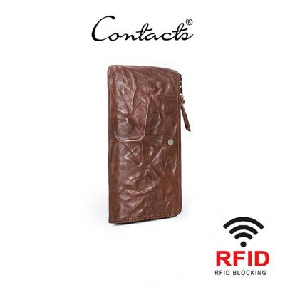 CONTACT'S Genuine Leather Men Wallet RFID Quantity Phone Pocket 8 Card Slots 2 Cash Prockets Business Gift Long Wallet