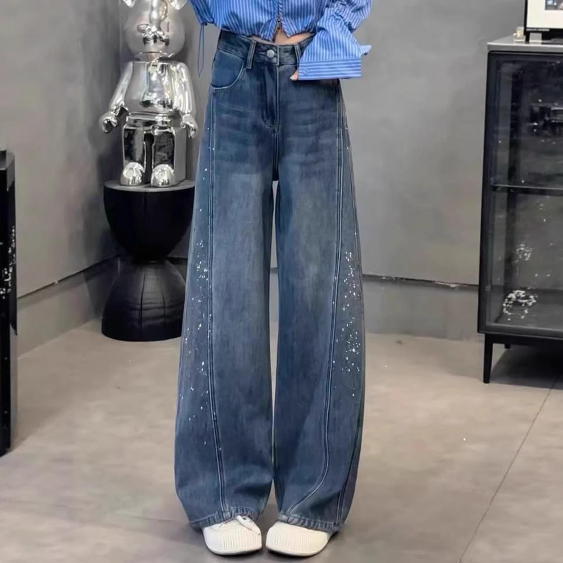 Women s High Waist Rhinestone Wide Leg Jeans - Spring 2026 Collection, Plus Size, Curved Leg, Slimming Fit for Shorter Women M