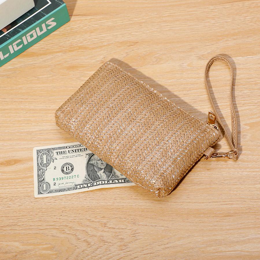 Straw-Woven Wrist Clutch Bags For Women Knitting Zip Mobile Phe Coin Purse Wallet Summer Beach Travel Shopper Purse Wholesale