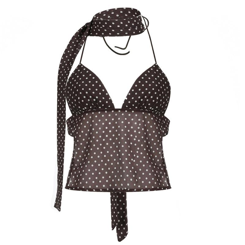 Women Sexy Camisole Top Sleeveless Backless V-Neck Polka Dot Print Tank Top Y2k Coquette Halter Neck Cami Crop Top