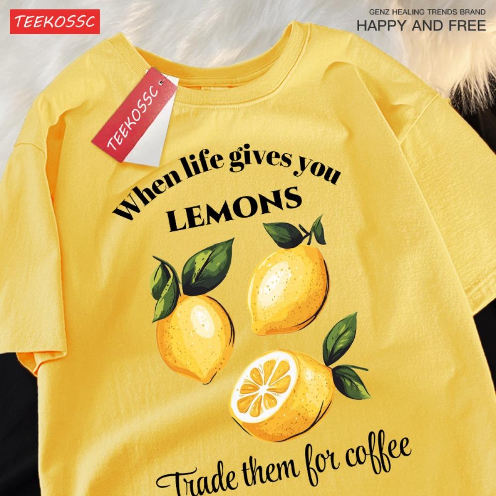

When Life Gives You Lemons Trade Them Got Coffee Prints Retro Woman T-Shirt Trendy Tee Hip Hop Clothes Loose Unisex Top M