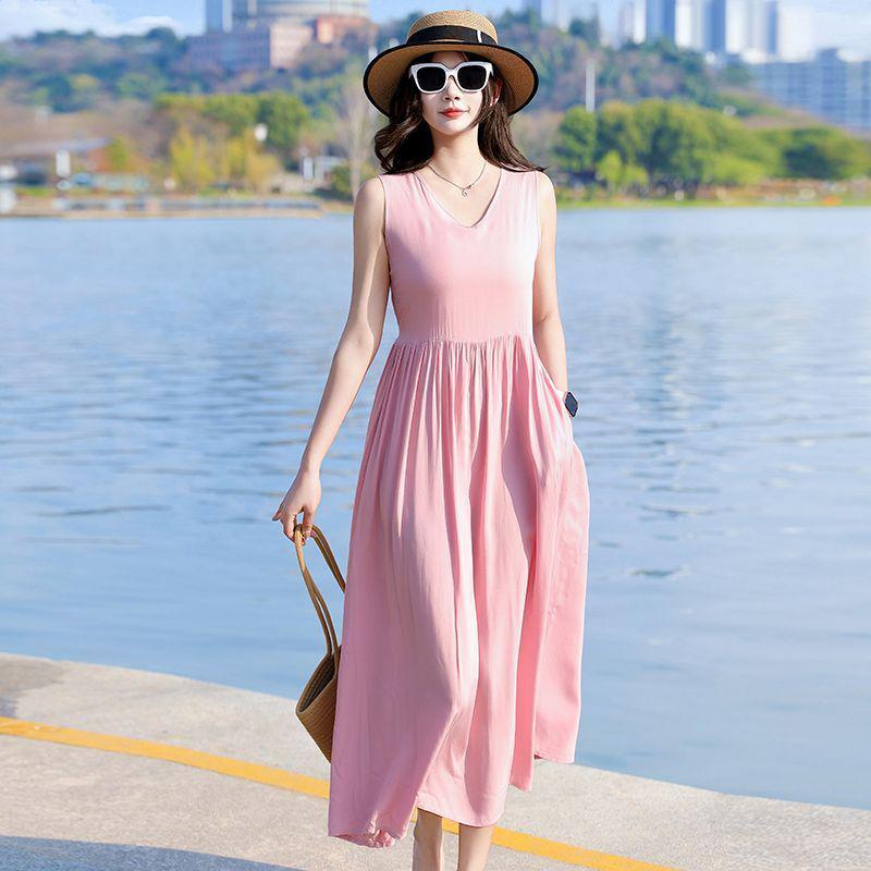 New Women's Summer Sleeveless French Silk-Cotton Beach Dress