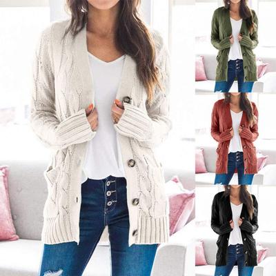 Damen Herbst Offene Strickjacke Pullover Knopf Taschen Oberbekleidung Mantel