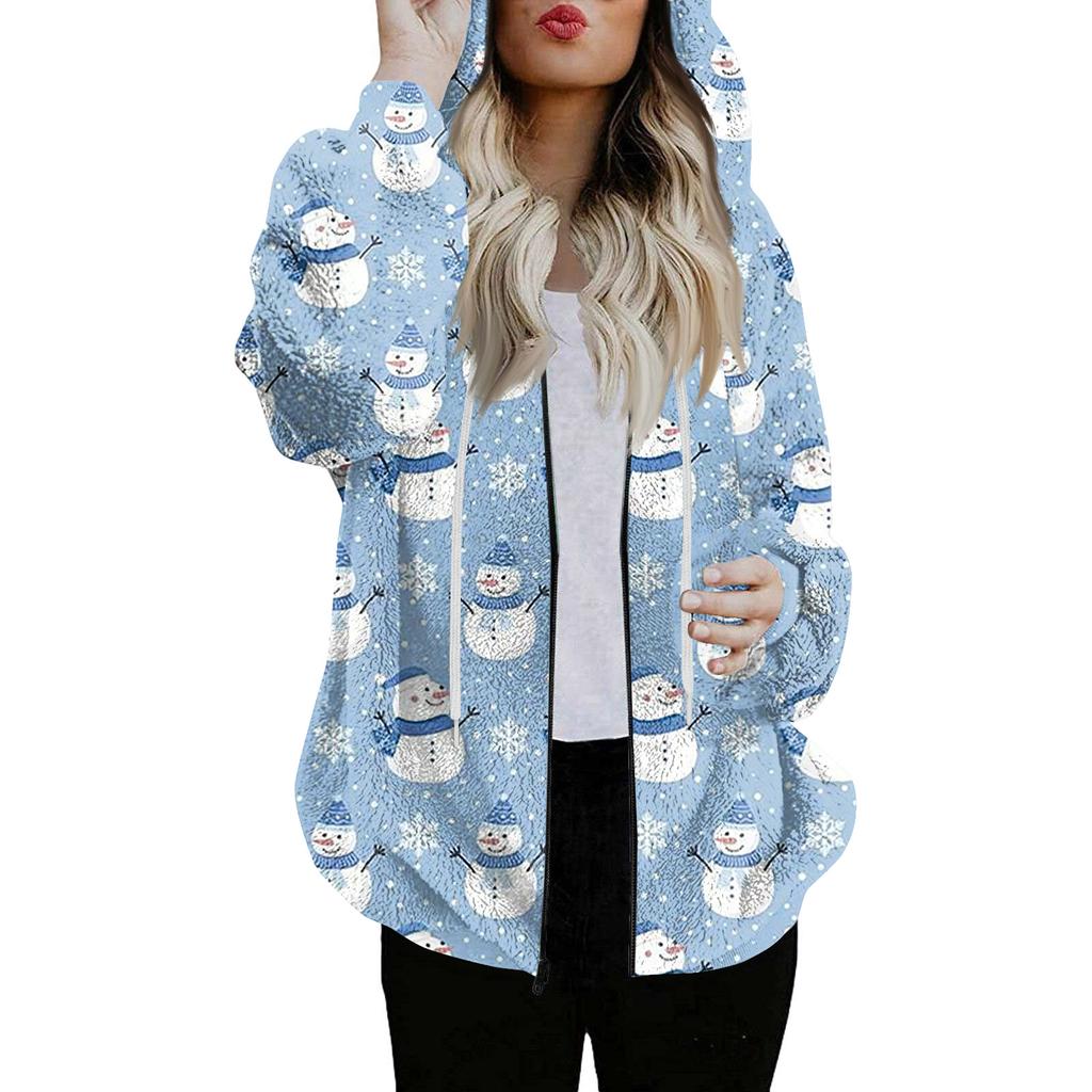 Women's Fashionable Casual Zippered Hooded Christmas Print Drawstring Furry Sweatshirt Jacket