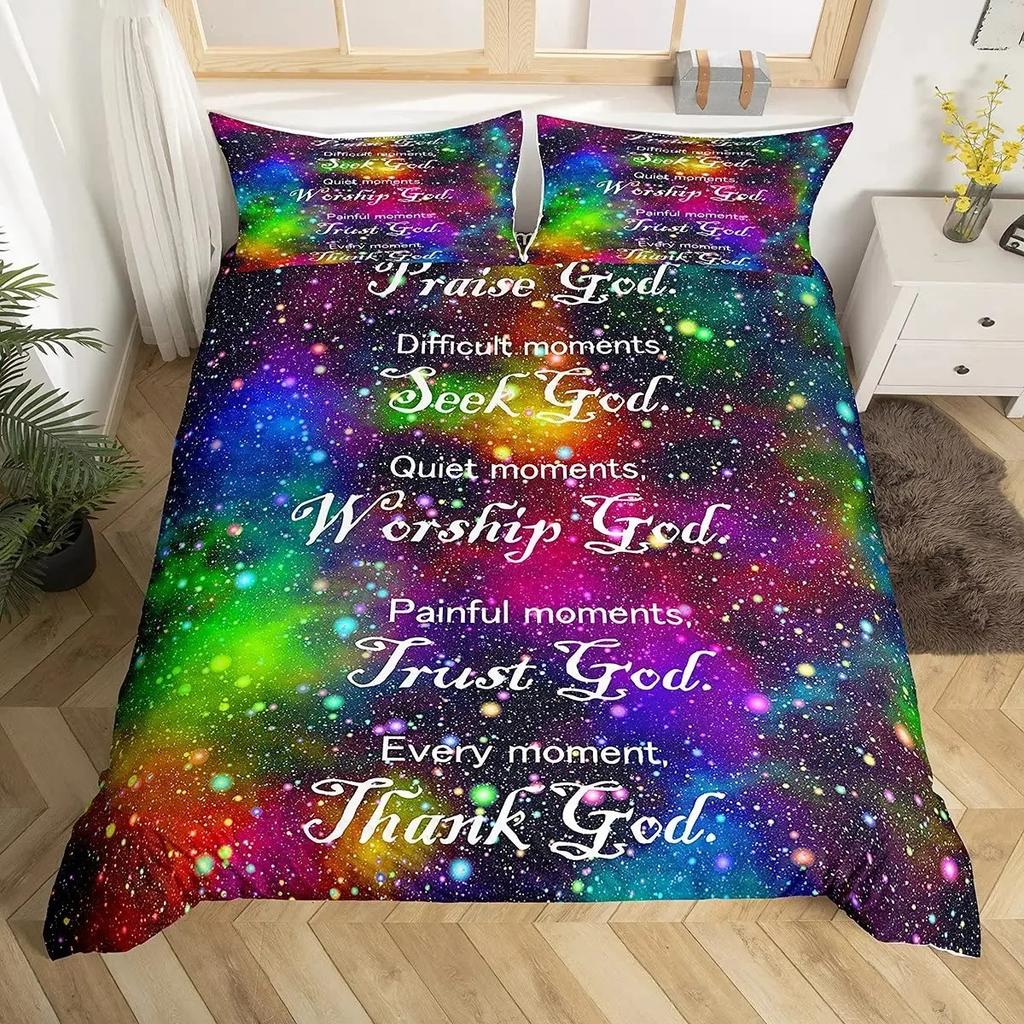 Christian Healing Duvet Cover Set with Inspirational Thoughts and Prayers Women Bedding Sets Colorful Sky Bedspreads Cover Queen