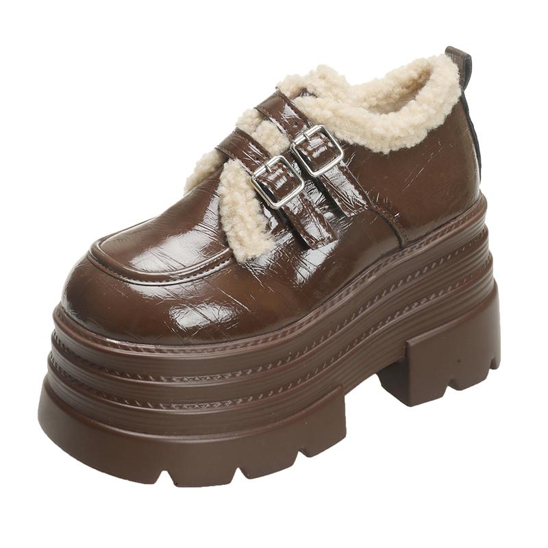 

Women s Leather Platform Sneakers Autumn Winter Warm Plush Buckle Snow Shoes Thick Sole 10CM Heels Cotton Shoes Mujer 34 коричневый