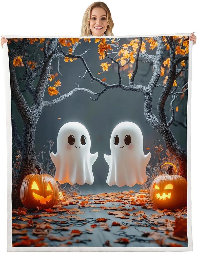 GUOYU Decke Happy Halloween Fleece-Decke Baby Kürbis Geist Feiertags Sherpa-Decke Gotische Fledermäuse Florale Pflanzen Flauschige Plüschdecke für Kinder